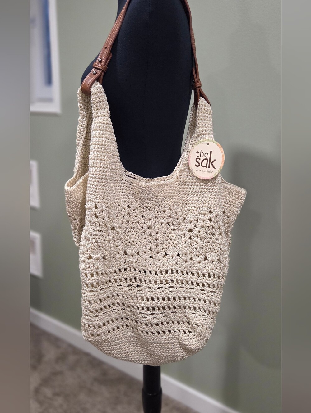 The Sak McClaren Cream Crochet Shoulder Bag with Brown Leather Strap - Picture 2 of 6